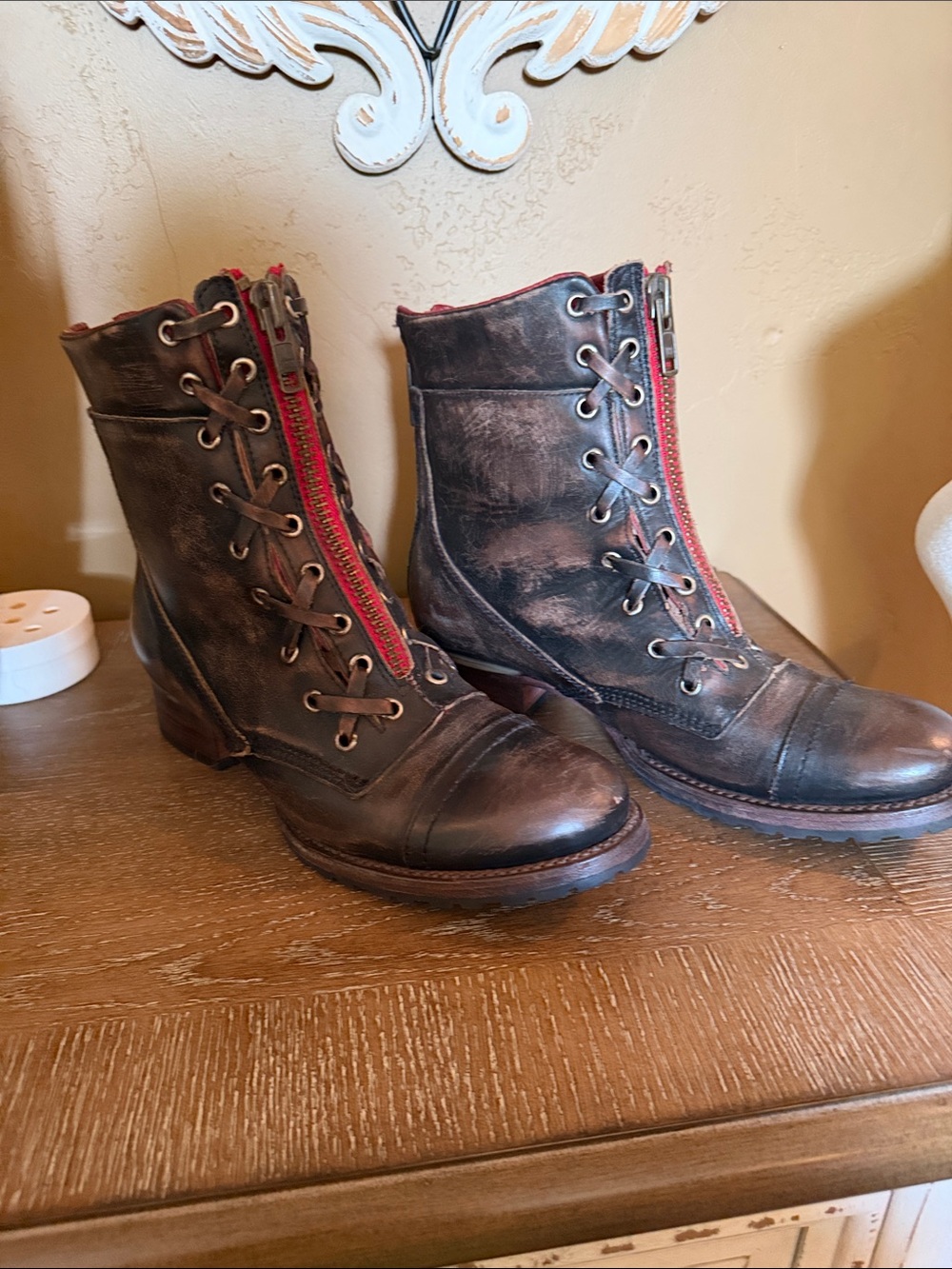 freebird Brown Leather Lace-Up Ankle Boots with Red Zip Detail